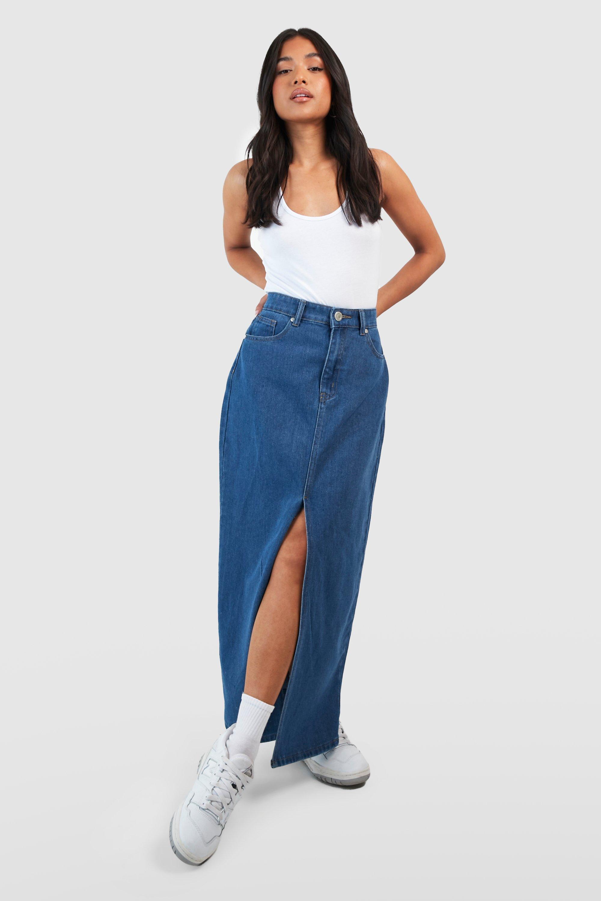 Petite Mid Wash Split Front Denim Maxi Skirt